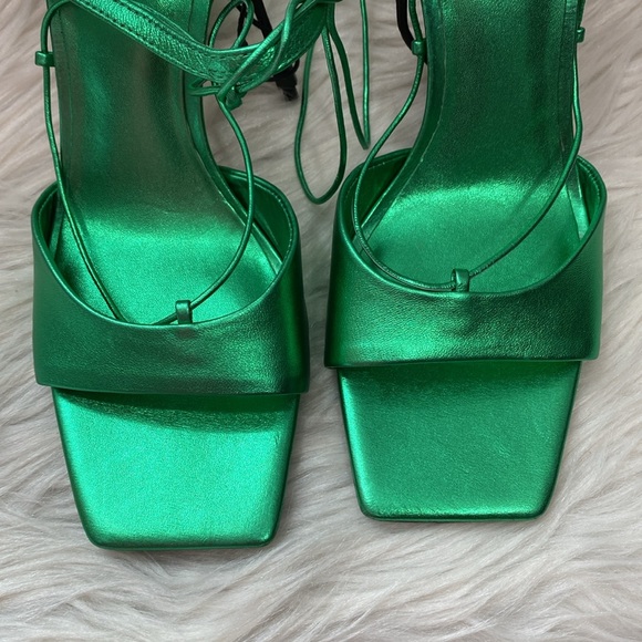 NWOT Zara Metallic Green Lace-up Leather Sandals, Size 7.5 - Picture 10 of 17